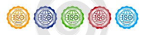 ISO icons. Stamps of certified, standard and accredited. 9001 badge certificate quality. Seals of international standardization