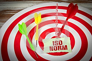 ISO NORM. Piece of paper with text and a dart in the middle of the target