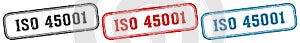 iso 45001 stamp. iso 45001 rectangular stamp set isolated on white background