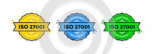 ISO 27001 stamp. Vector. ISO 27001 badge icon. Certified badge logo. Stamp Template. Label, Sticker, Icons. Vector EPS 10.