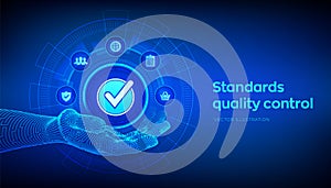 ISO standards quality control assurance warranty business technology concept. ISO standardization certification industry service