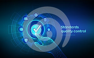 ISO standards quality control assurance warranty business technology concept. ISO standardization certification industry service