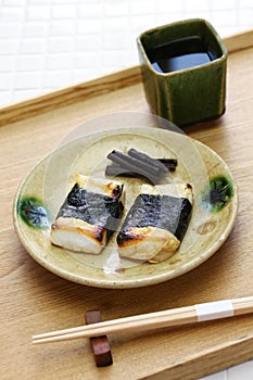 Isobeyaki, grilled mochi japanese rice cake wrapped in nori seaweed