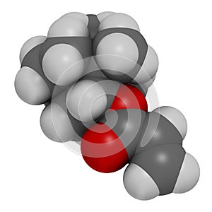 Isobornyl acrylate molecule. 3D rendering. Atoms are represented as spheres with conventional color coding: hydrogen white,