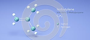 isobutylene, isobutene, colorless gas, molecular structures, 3d rendering, Structural Chemical Formula and Atoms with Color Coding