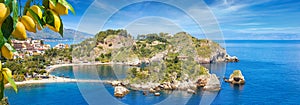 Panoramic view of Isola Bella, small island near Taormina, Sicily, Italy photo