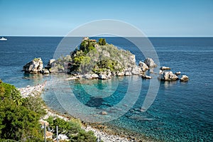 Isola Bella at Taormina, Sicily, Aerial view of island and Isola Bella beach and blue ocean water in Taormina, Sicily