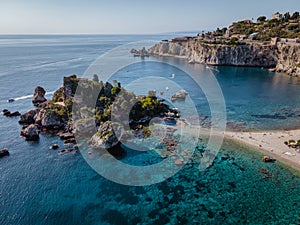 Isola Bella at Taormina, Sicily, Aerial view of island and Isola Bella beach and blue ocean water in Taormina, Sicily