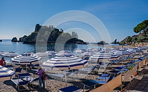 Isola Bella at Taormina, Sicily, Aerial view of island and Isola Bella beach and blue ocean water in Taormina, Sicily