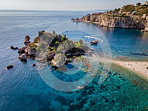 Isola Bella at Taormina, Sicily, Aerial view of island and Isola Bella beach and blue ocean water in Taormina, Sicily
