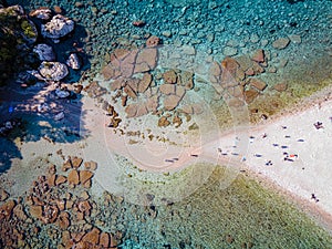 Isola Bella at Taormina, Sicily, Aerial view of island and Isola Bella beach and blue ocean water in Taormina, Sicily