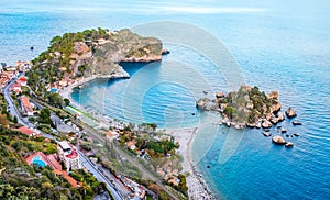 Isola Bella in Taormina, Sicily, Italy. Aerial view of small beautiful island connected with narrow path with beach