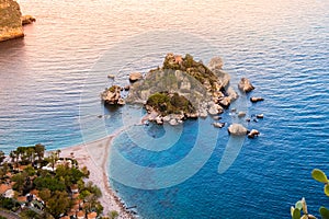 Isola Bella in Taormina, Sicily, Italy. Aerial view of small beautiful island connected with narrow path and beach