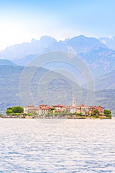 Isola dei Pescatori - fisherman island in Maggiore lake with mountains in the background, Borromean Islands Isole Borromee,