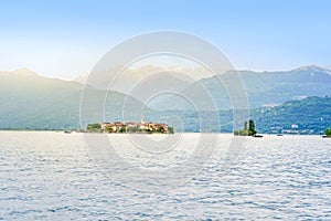 Isola dei Pescatori - fisherman island in Maggiore lake with mountains in the background, Borromean Islands Isole Borromee,