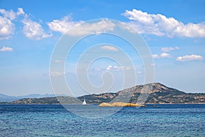 Isola dei Porri island with Sardinian mainland in background seen from Isola Tavolara island on Tyrrhenian Sea