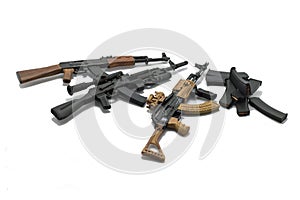 Isolate Ak47 svd dragunov toy gun and mimic weapons and toy scale on woods texture and woods backgrounds
