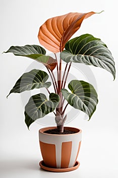 Isolate Alocasia Polly plant against white wall