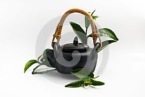 Isolate black tea pot on white background. Decorate with fresh green tea leaves.