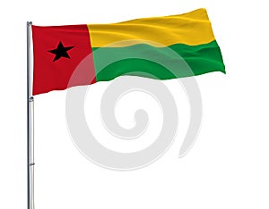 Isolate civil flag of Guinea Bissau on a flagpole fluttering in the wind on a white background, 3d rendering.