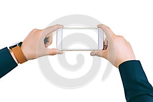 Isolate, Close-up Mockup of a smartphone in the hands of a guy. On a white background