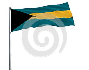 Isolate flag of Bahamas on a flagpole fluttering in the wind on white background, 3d rendering.