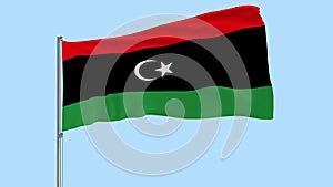 Isolate flag of Libya on a flagpole fluttering in the wind on a transparent background, 3d rendering, PNG format with Alpha channe
