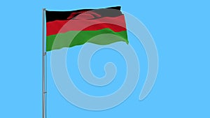 Isolate flag of Malawi on a flagpole fluttering in the wind on a blue background, 3d rendering