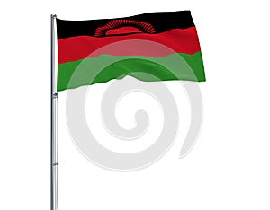 Isolate flag of Malawi on a flagpole fluttering in the wind on a white background, 3d rendering.