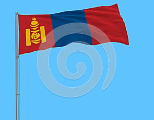 Isolate flag of Mongolia on a flagpole fluttering in the wind on a blue background, 3d rendering