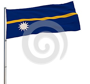 Isolate flag of Nauru on a flagpole fluttering in the wind on a white background, 3d rendering.