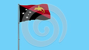 Isolate flag of Papua New Guinea on a flagpole fluttering in the wind on a blue background, 3d rendering.