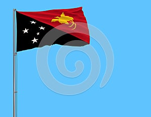 Isolate flag of Papua New Guinea on a flagpole fluttering in the wind on a blue background, 3d rendering