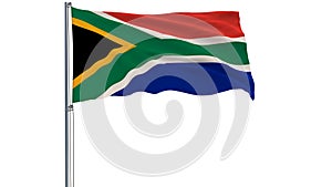 Isolate flag of Republic of South Africa on a flagpole fluttering in the wind on a white background, 3d rendering.