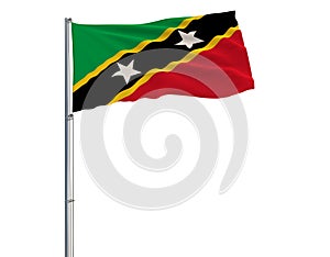 Isolate flag of Saint Kitts and Nevis on a flagpole fluttering in the wind on a white background, 3d rendering.