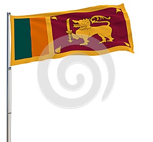 Isolate flag of Sri Lanka on a flagpole fluttering in the wind on a white background, 3d rendering.