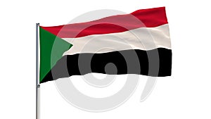 Isolate flag of Sudan on a flagpole fluttering in the wind on a white background, 3d rendering.