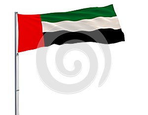 Isolate flag of United Arab Emirates on a flagpole fluttering in the wind on a blue background, 3d rendering.