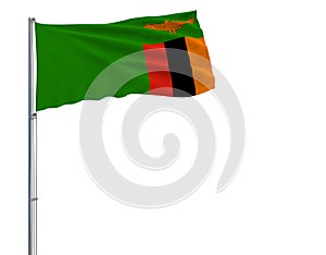 Isolate flag of Zambia on a flagpole fluttering in the wind on a white background, 3d rendering.