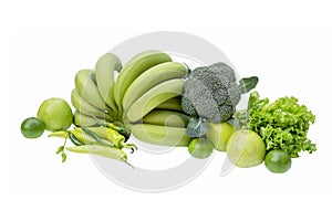 Isolate of green fruits and vegetables on a white background