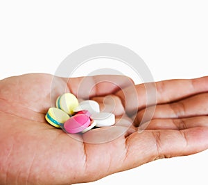 Isolate group of medicine or pill on hand on white background