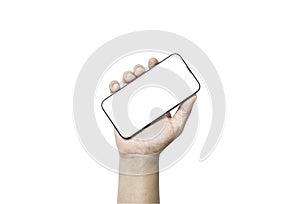 Isolate of Hand holding blank screen of smartphone on white background with clipping path for mockup advertisement and social