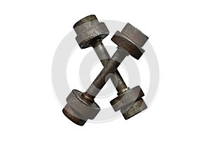 Isolate old vintage rusty metal dumbbells