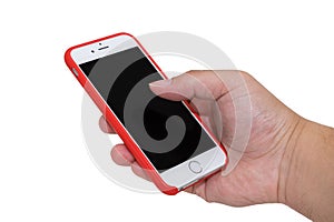 Isolate phone has a red case with mobile applications by using f