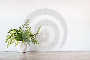 Isolate white jar and tropical green leaves place on grey marble surface table and white and clear Concrete wall.