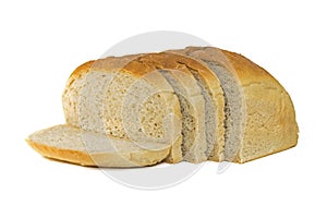 Isolate of white loaf of bread with sliced â€‹â€‹pieces on a white background,