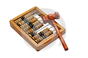 Isolate Wooden abacus with judge`s hammer for sentencing. photo