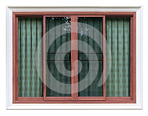 Isolate wooden window in concrete frame with curtain.