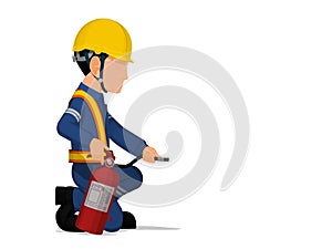 Isolate worker with the extinguisher on transparent background
