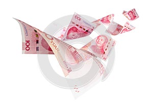 Isolated of 100 China renminbi Yuan banknote currency flying collection on white background. China have high economic growth and